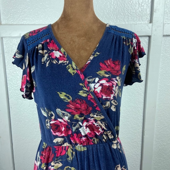 Loveappella Navy Floral Maxi Dress Women’s SP Crochet Trim - Picture 2 of 8